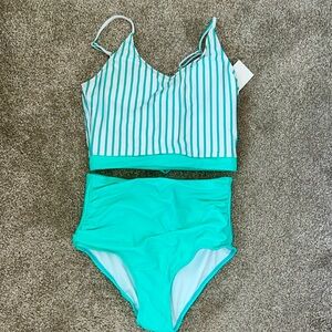 NWT Aqua and White High Rise Tankini Women’s Small